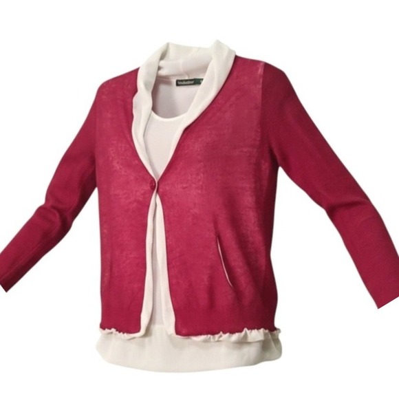 Sweaters - $120 EUC TROUBADOR long sleeve cardigan blouse S berry cream mixed media silk